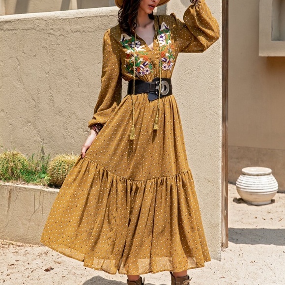 Boho Embroidered Floral Polka Dot Ruffle Dress - Picture 12 of 15